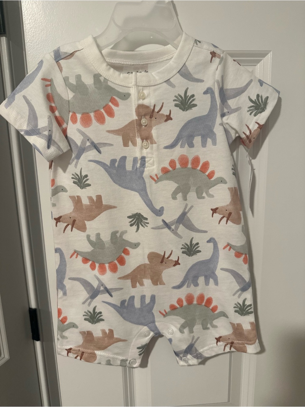 Carter's White Short-Sleeve Romper with Pastel Dino Print